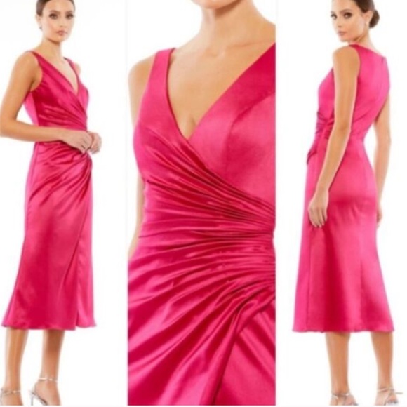 IEENA Mac Duggal 26625 Satin Ruched V-Neck Faux Wrap Lipstick Pink SZ 6